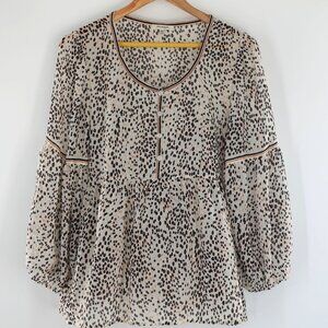 Scoop Neck Boho Peasant Blouse Long Sleeve Animal Print Size M